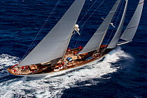 &#39;Adela&#39; yacht on the wind, with spinnaker up, during the St. Barth&#39;s Bucket 2013, Leeward Islands, West Indies, Caribbean, February 2013. All non-editorial uses must be cleared individuall...
