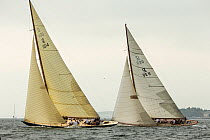 12 metre yachts, &#39;Northern Light&#39; and &#39;Gleam&#39;, racing on Narragansett Bay during the Classic Yacht Regatta, Newport, Rhode Island, USA, August 2013. All non-editorial uses must be clea...