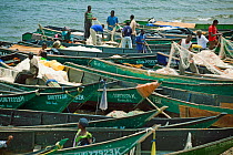 Fishermen preparing nets, Remba Island, Lake Victoria, Kenya.