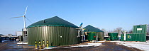 Panoramic view of two anaerobic digesters in a biogas plant, Spain, January, 2013.