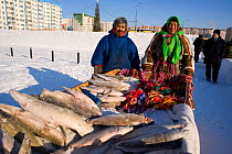 Nenets fisherman, Timophey Salinder & his wife Tatiana selling fish & Nenets handicrafts at a festival in Nadym. Yamal, Northwest Siberia, Russia