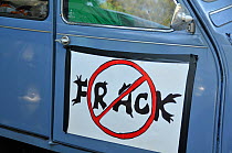Anti-fracking protest, sign on vehicle, Balcombe, West Sussex, England. 19th August 2013.
