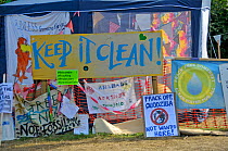 Anti-fracking protest, 'Keep it Clean' banners and signs, Balcombe, West Sussex, England. 19th August 2013.