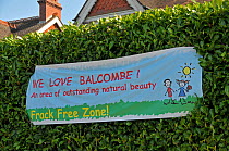 Anti-fracking protest, sign attached to hedge, Balcombe, West Sussex, England. 19th August 2013.