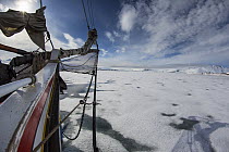 View from a sailing boat of pack ice in Woodfjord, Svalbard, Norway, June, 2012.