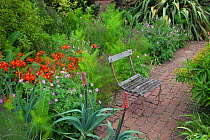 Brick path and old seat in garden, The Old Vicarage, East Ruston, England, UK, June.