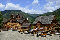 Restaurant made from local timbers at the 'Centre of Europe', Carpathian Biospere Reserve, Transcarpathia, Ukraine, July.