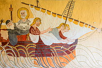 Fresco painting of Jesus and disciples in a boat, church of San Marcos, Finestres, Montsec Estall, Aragon, Spain. December 2012.