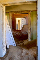 Abandoned house full of sand. Kolmanskop Ghost Town, an old diamond-mining town where shifting sand dunes have encroached abandoned houses, Namib Desert Namibia, October 2013.