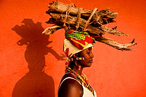 Zemba woman, carrying firewood on her head, Opuwo, Kaokoland, Namibia, September 2013.
