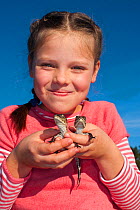 Girl holding two baby Common caimans (Caiman crocodilus) Aquarium du Val de Loire, Amboise, France. Captive, native to Central and South America. Model released