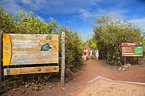 Tourists walking from Charles Darwin Research Centre, Galapagos Islands, August 2010. Model released.