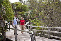 Tourists walking through Charles Darwin Research Center, Galapagos Islands. August 2010. Model released.