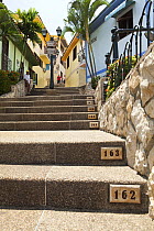 Numbered steps in Las Penas galleries, with cafes and shops.  Guayaquil, Ecuador