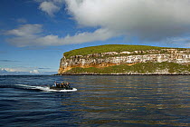 Scuba divers traveling to dive site aboard inflatable boat,, Galapagos Islands, September 2011. Model released.