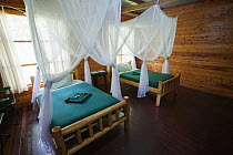Budongo Eco Lodge cabin, showing mosquito nests over the the beds, Budongo Forest Reserve, Uganda.