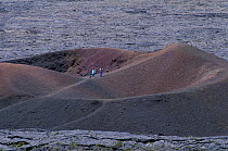 Tourist walking on the edge of  Formica Leo crater of the Piton de la Fournaise volcano, La Reunion Island, Indian Ocean.