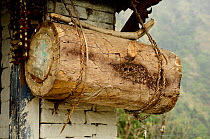 Artifical beehive in hollow log, attached to outside of building, Modi Khola river valley, central Nepal November 2011.