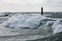 Stormy seas at the Jument lighthouse during Storm 'Ruth', Ile d'Ouessant, Armorique Regional Park. Iles du Ponant, Finistere, Brittany, France, Iroise Sea. 8th February 2014.  France, Bretagne, Fini...