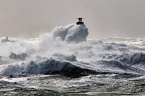Rough seas at Nividic lighthouse during Storm 'Ruth', Ile d'Ouessant, Armorique Regional Park, Iles du Ponant, Finistere, Brittany, France, Iroise Sea. 8th February 2014.  France, Bretagne, Finister...