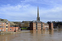 The River Severn in Worcester during the highest recorded floods, Worcestershire, England, UK. 13th February 2014,