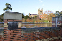 Flood barrier along the River Wye in Hereford during 2014 floods, Herefordshire, England, UK, 11th February 2014.