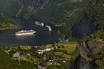 Geirangerfjord with cruise ships , Stranda municipality, Sunnylvsfjorden UNESCO World Heritage Site, Norway, June 2010.