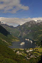 Geirangerfjord with liners, Stranda municipality, Sunnylvsfjorden UNESCO World Heritage Site, Norway, June 2010.