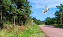 Mountain Apollo (Parnassius apollo) in flight over the road, Aland Islands, Finland, July.