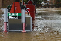 Flooded petrol station near the River Severn, during February 2014 floods, Upton upon Severn, Worcestershire, England, UK, 9th Februay 2014.