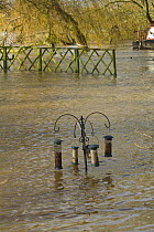 Bird feeders in garden almost submerged during February 2014 floods, Upton upon Severn, Worcestershire, England, UK, 8th February 2014.