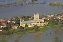 Tewkesbury Abbey surrounded with flooded town and meadows following February 2014 Severn Valley floods, Gloucestershire, England, UK, 7th February 2014.
