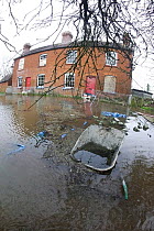 Fish eye view of flooded house with wheel barrow during the February 2014 floods, Upton upon Severn, Worcestershire, England, UK, 9th February 2014.