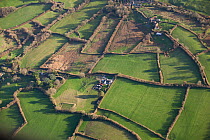 Aerial view of fields with small farms, and rough 'culm' grasslands, Somerset, England, UK, January 2014.