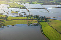 Part of Muchelney village with church and abbey, cut off by January 2014 flooding in Somerset Levels, England, UK, 9th January 2014.