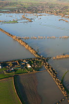 Aerial of flooded Somerset Levels with village (in the foreground ) and Langport in the distance, Somerset Levels, England, UK, 9th January 2014.