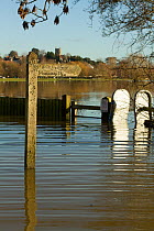 Footpath and cycleway signs during January 2014 flooding, Langport, Somerset, UK, England, UK, 11th January 2014.