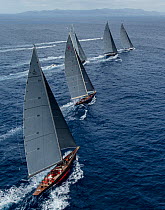 Classic J Class yachts line up during racing in the St. Barth's Bucket Regatta, March 2013, Caribbean. All non-editorial uses must be cleared individually.