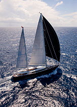 Mega yacht sailing downwind in the 2013 St. Barths Bucket Regatta, March 2013, Caribbean. All non-editorial uses must be cleared individually.
