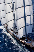 High tech schooner 'Maltese Falcon' sailing in the 2013 St. Barths Bucket Regatta, March 2013, Caribbean. All non-editorial uses must be cleared individually.