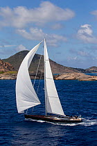 Mega yacht racing around island in the 2013 St. Barths Bucket Regatta, March 2013, Caribbean. All non-editorial uses must be cleared individually.