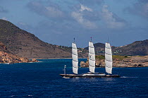 High tech schooner 'Maltese Falcon' racing around island in the 2013 St. Barths Bucket Regatta, March 2013, Caribbean. All non-editorial uses must be cleared individually.