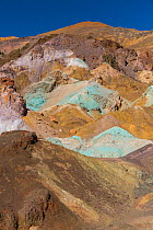 Artists Palette with multicoloured rocks formed by the oxidation of various metals, Death Valley National Park, California, USA, March 2013.