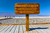 Sign for Badwater basin, the lowest area in North America, Death Valley National Park, California, USA, March 2013.