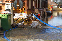 Pumps and sand bags protecting properties from February 2014 River Thames flooding, Chertsey, Surrey, England, 16th February 2014.
