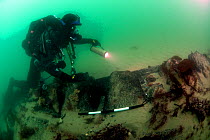 Maritime archaeologist on the wreck of the 1st rate man-of-war, HMS Invincible wrecked in 1758. Eastern Solent Channel. England, UK, May 2013. No release available.
