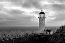 Black and white photograph of North Head Light in Cape Dissappointment State Park, Washington, USA, August 2012.