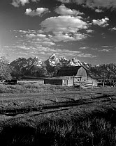 Black and white photograph of barn along Mormon Road in Grand Teton National Park, Wyoming, USA.