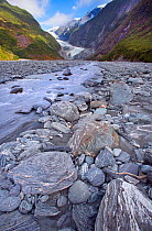 Melt water flowing from the Fox Glacier, Aoraki / Mount Cook National Park, South Island, New Zealand, February 2009.