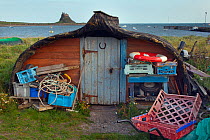 Fisherman's shed made from old upturned boat with Lindisfarne Castle in the distance, Lindisfarne Island, Northumberland , UK, Octobber 2013.
